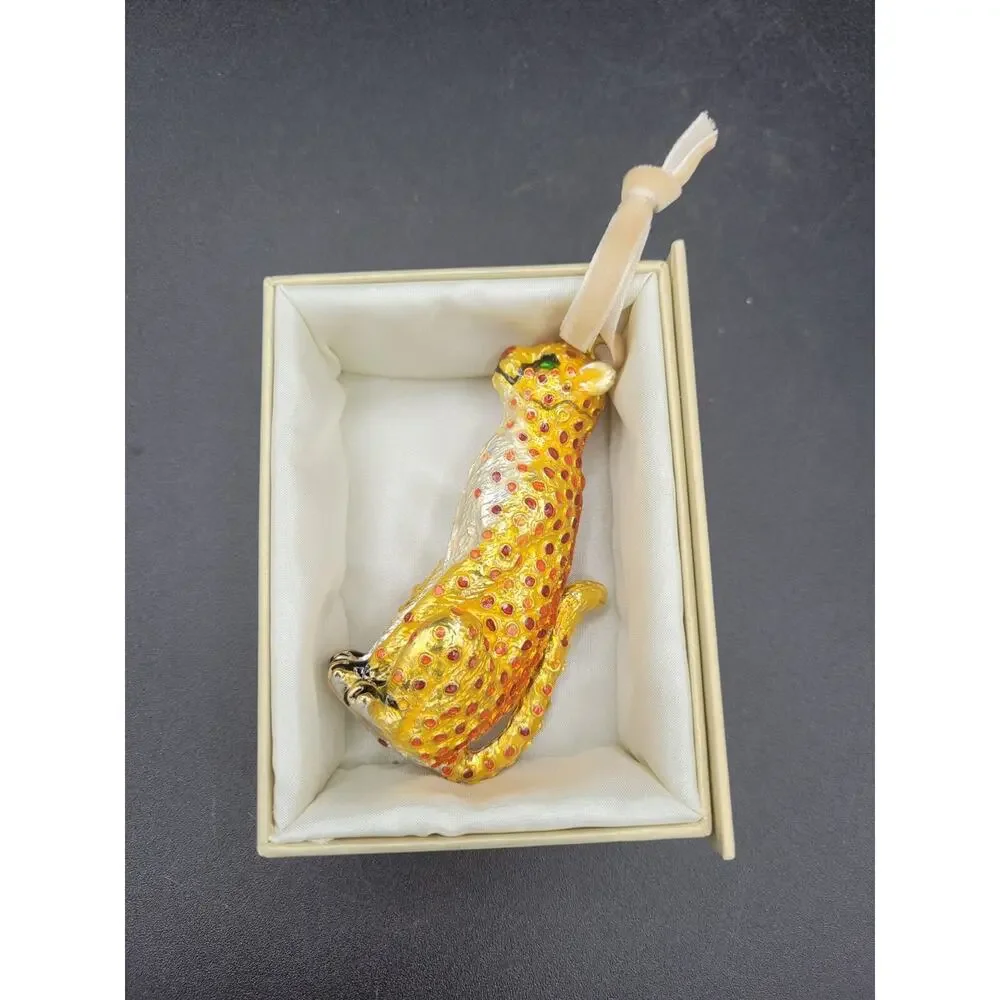 Cloisonné Cat Cheetah Leopard Ornament Gold Red 4.5